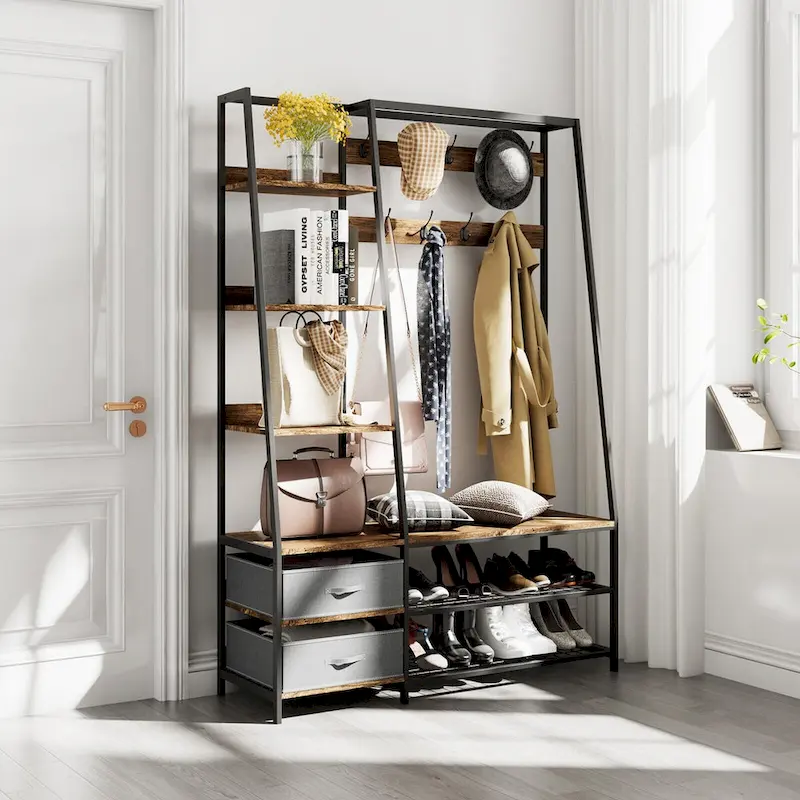 Gymax 6-in-1 Freestanding Hall Tree Coat Rack w/ Bench & Fabric