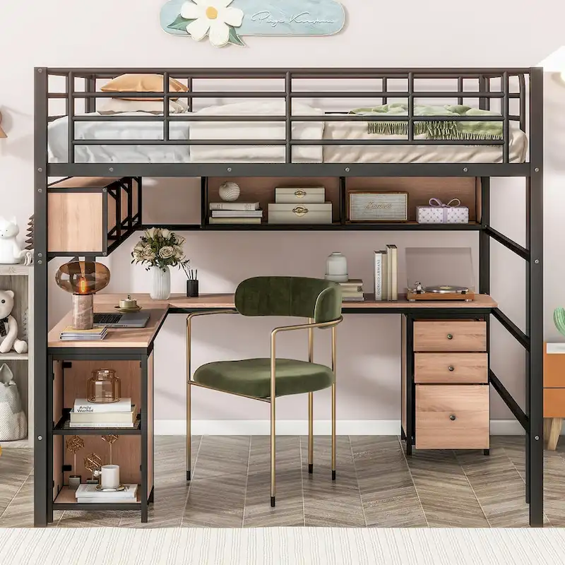Metal Loft Bed with Bookcase, Desk and Cabinet