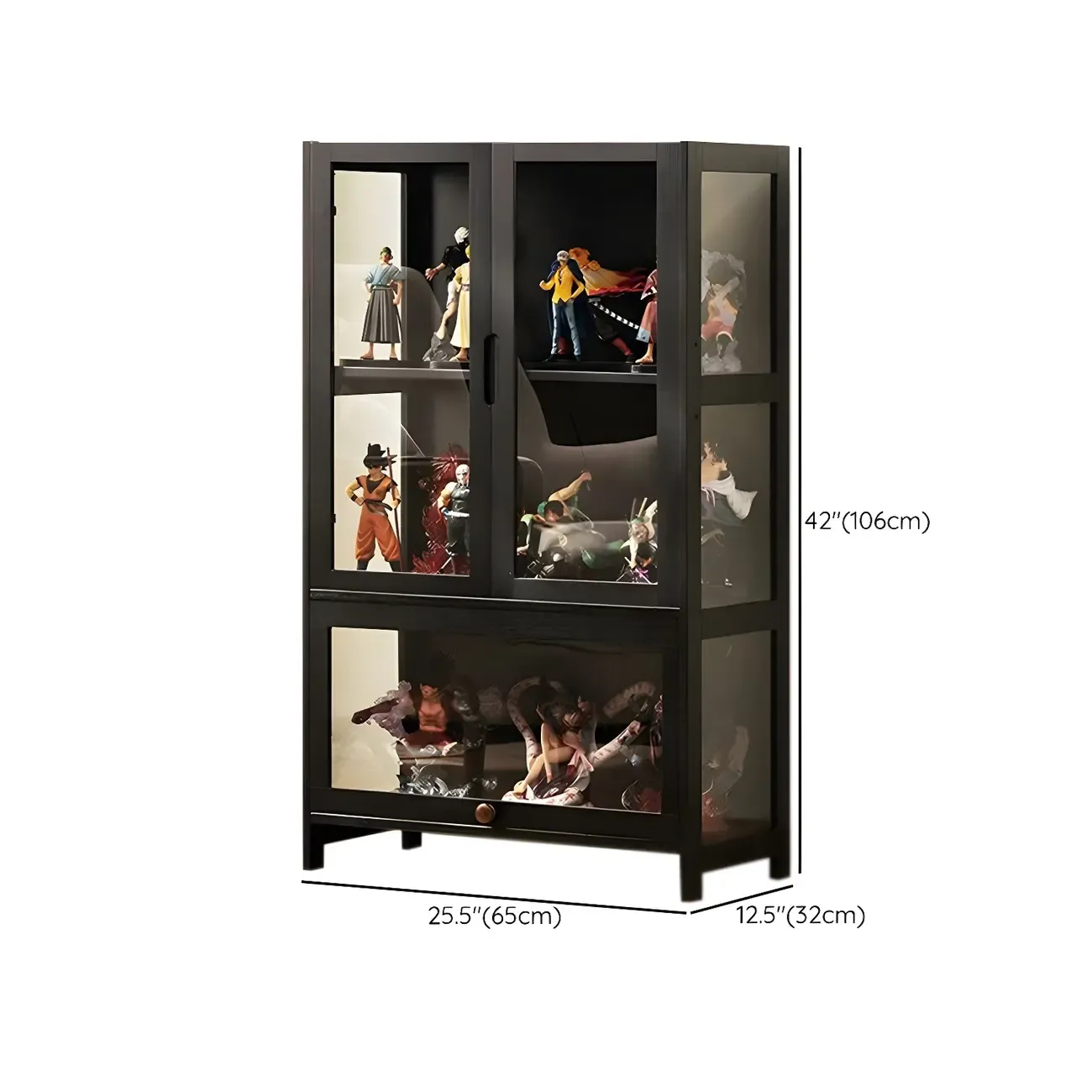 Modern Black Bamboo Adjustable Shelves Glass Display Cabinet