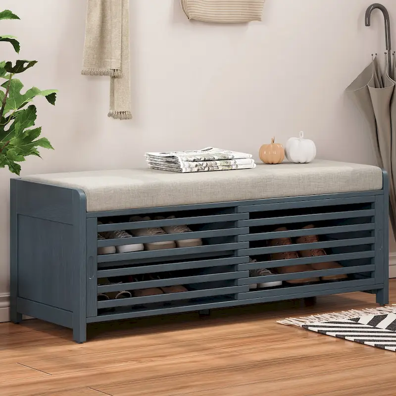 Distressed Shutter Shoe Bench with Storage & Cushion