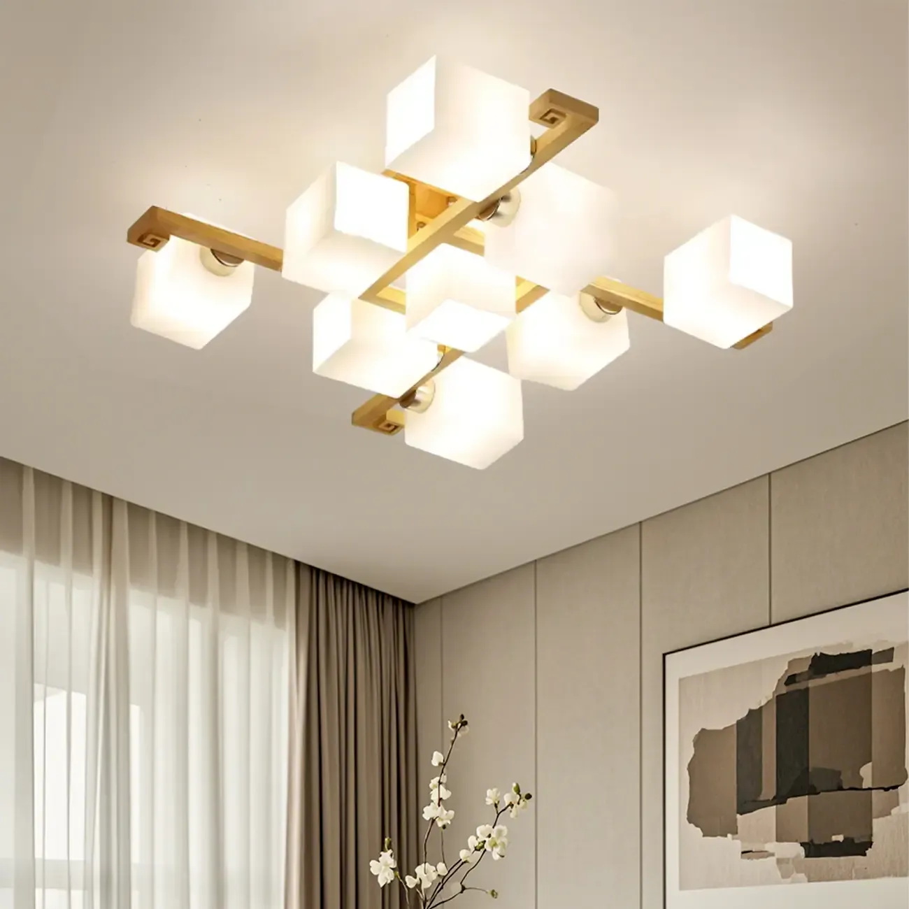 8.5 Height Square Glass Natural Wood Semi Flush Ceiling Light