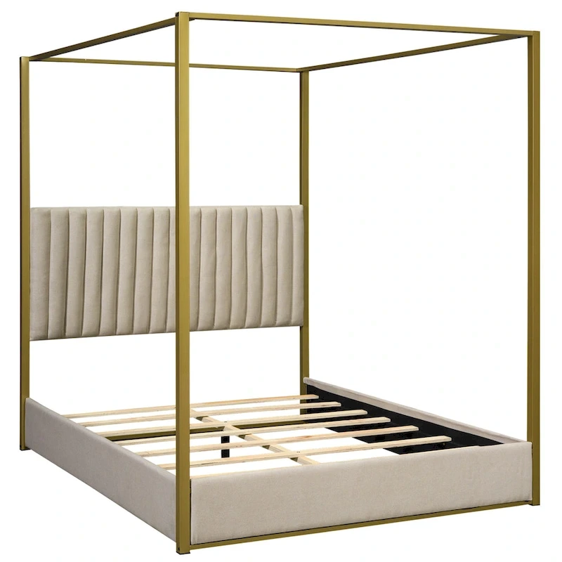Queen Linen Canopy Bed with Headboard and Metal Frame