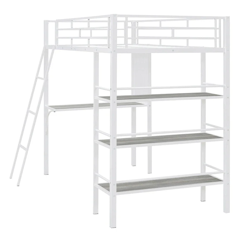 White Twin Loft Metal Bed with Shelves