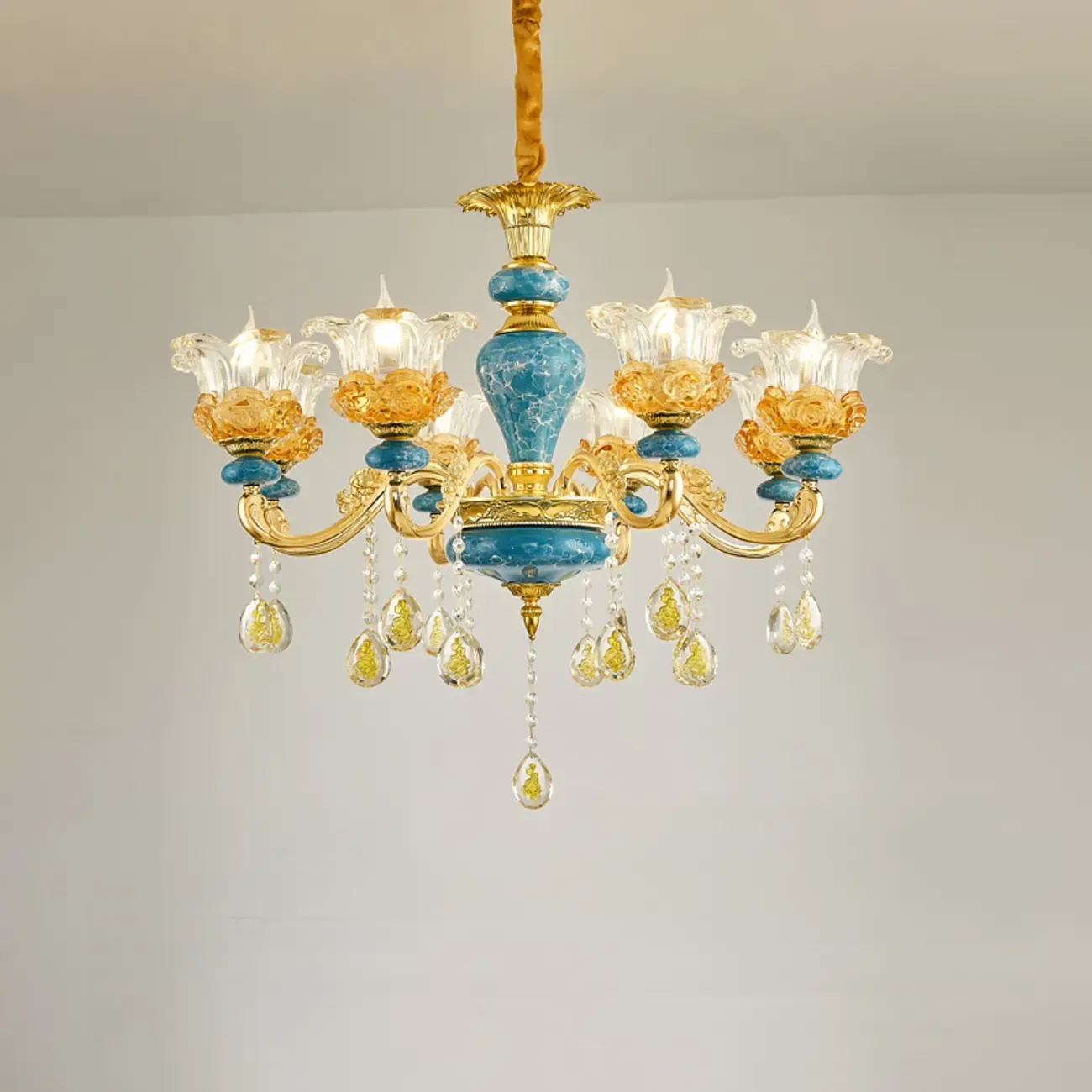 Large Luxury Brass Flower Shape Clear Glass Chandelier