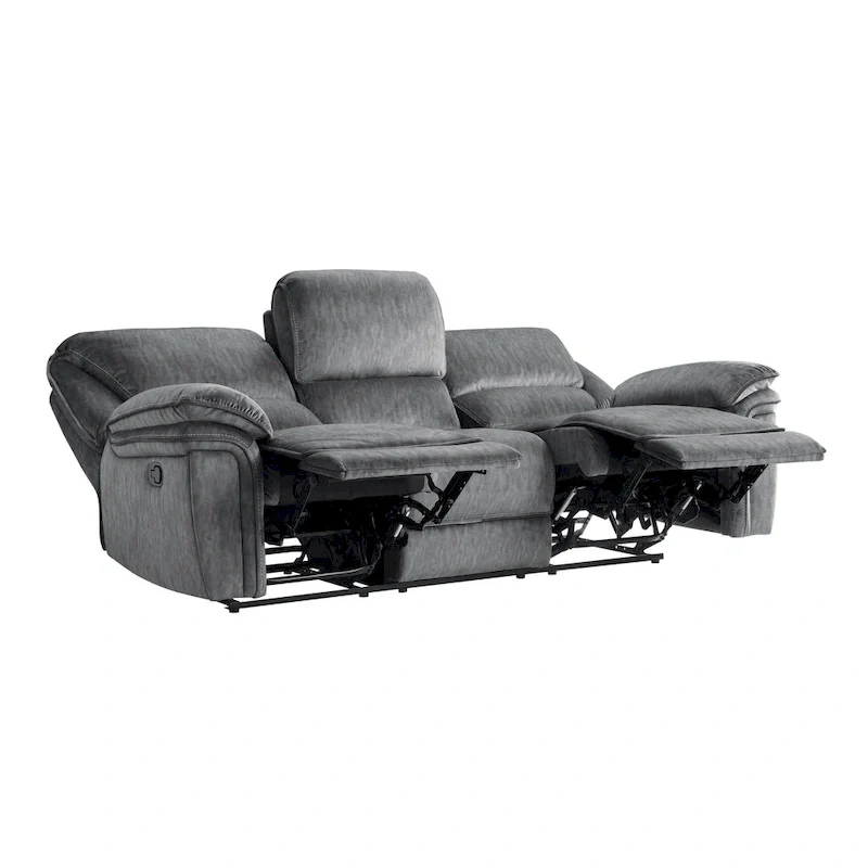 Muir 89 Inch Manual Double Recliner Sofa, Gray, Microfiber, Tufted Back