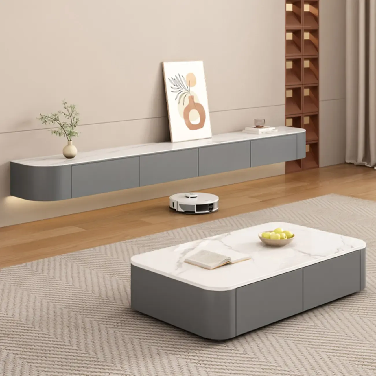 71 Contemporary Grey Stone Floating TV Stand with Cabinet