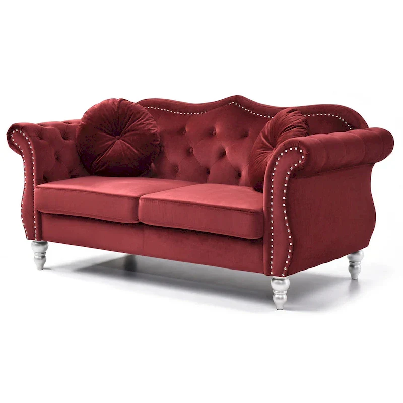 Hollywood 68 in. Velvet Chesterfield Loveseat with 2-Throw Pillow - 68L x 35W x 34H