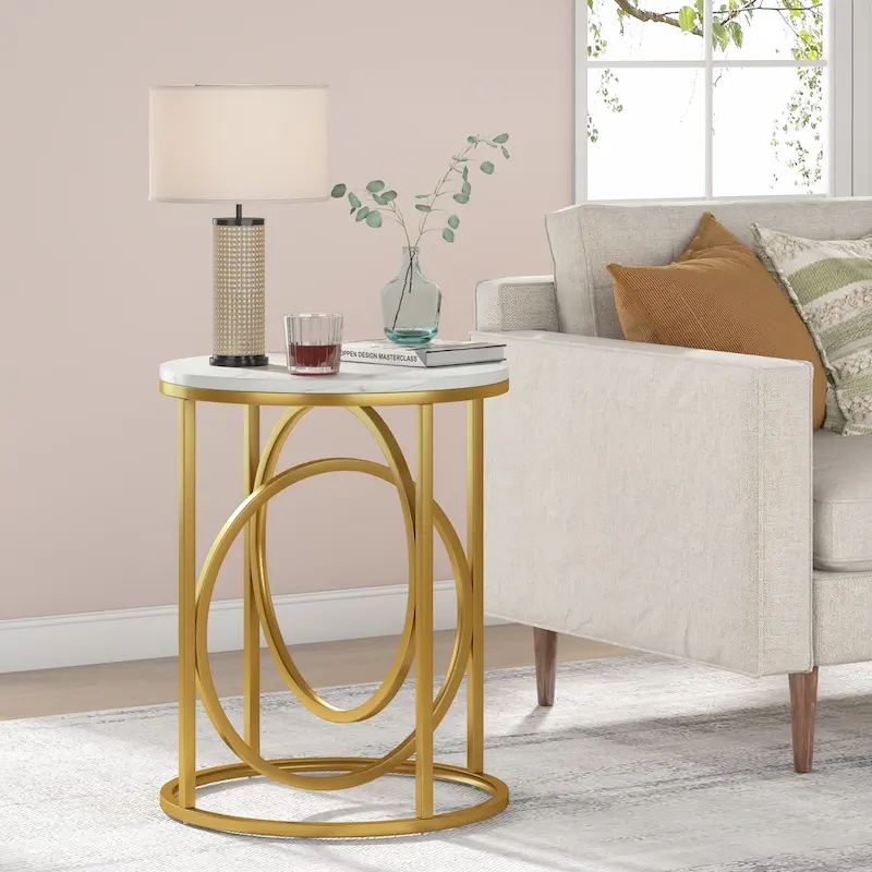 20 in. Marble White Round Wood End Table with Gold O-shaped Base