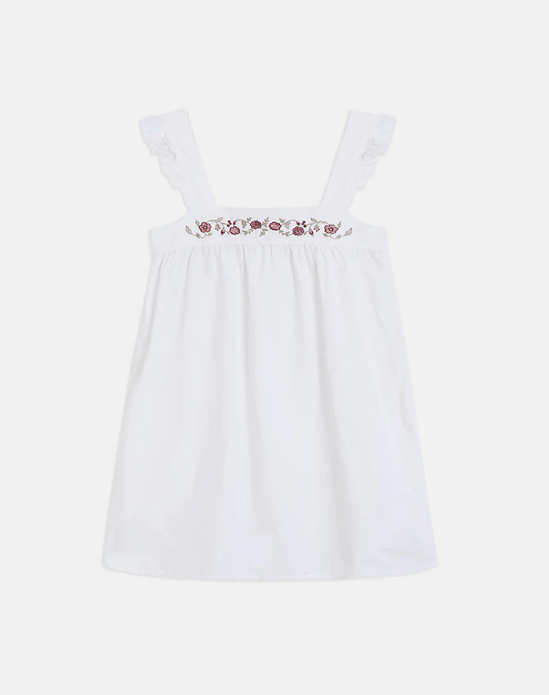 Sanaly Mini Dress in Poplin White with Cherry Blossom Embroidery