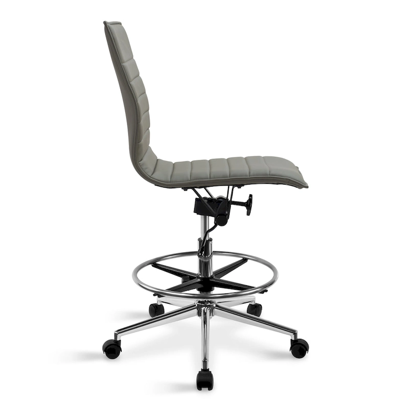 Modern Drafting Chair Upholstered PU Leather Ribbed Armless Mid Back with Tall Adjustable Base & Leg Rest