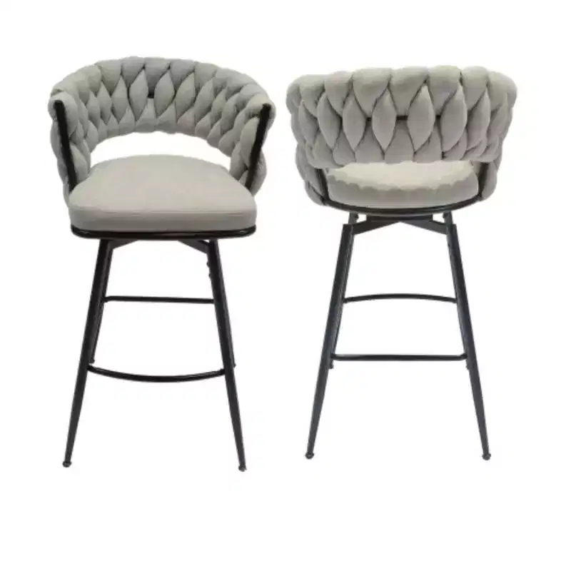 Back and Footrest Included, 2 Linen Woven Swivel Bar Stools Set, Non-Adjustable Kitchen Chairs