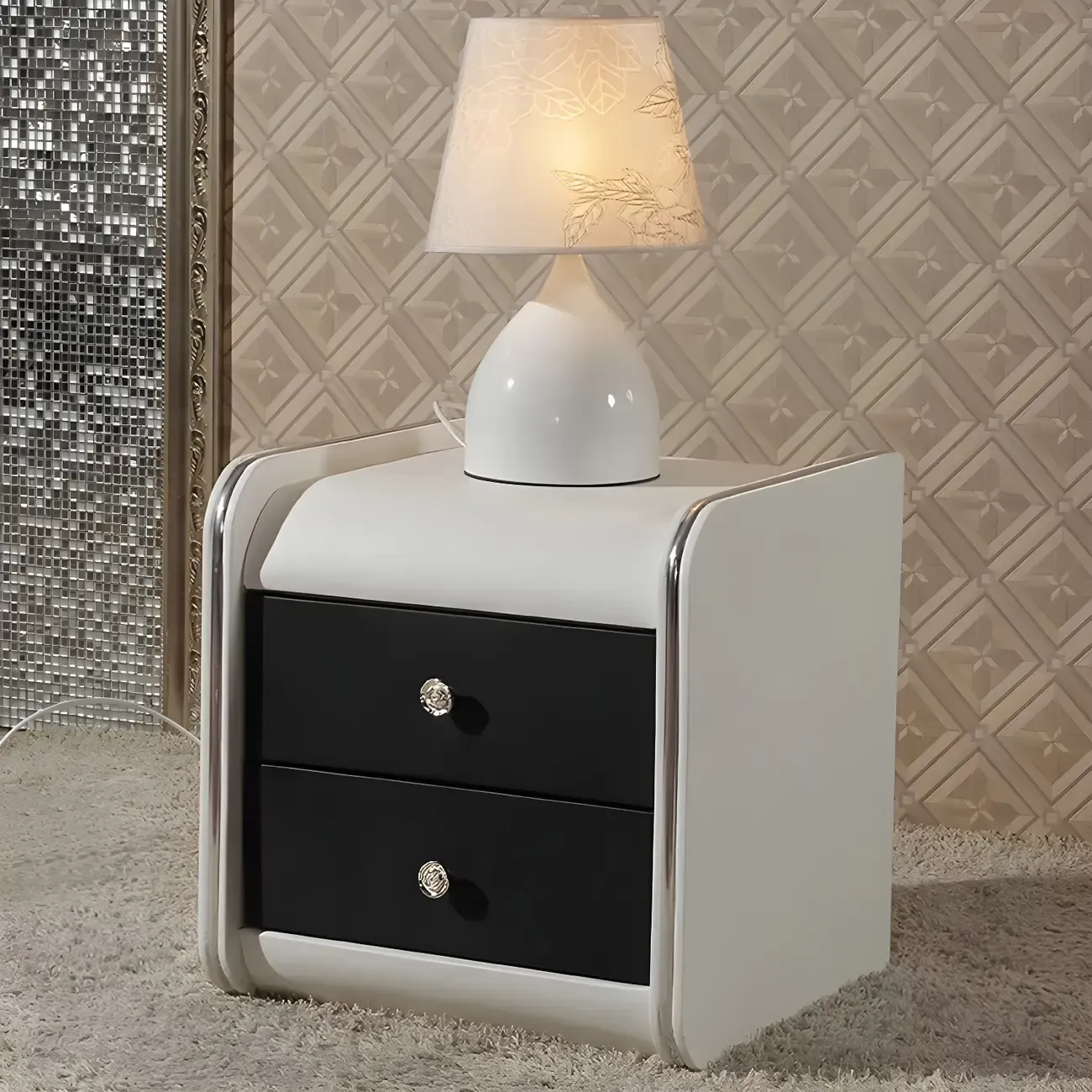 Luxurious Glossy Leather Wooden 2 Drawer Black Nightstand