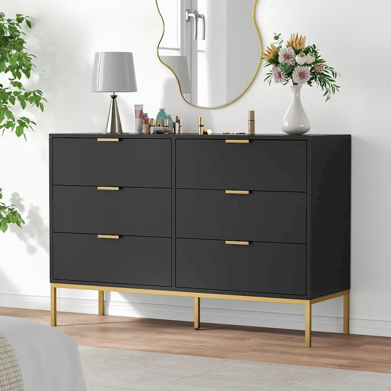Modern 6-Drawer Double Dresser Black Wood Chest of Drawers Storage Organizer for Bedroom