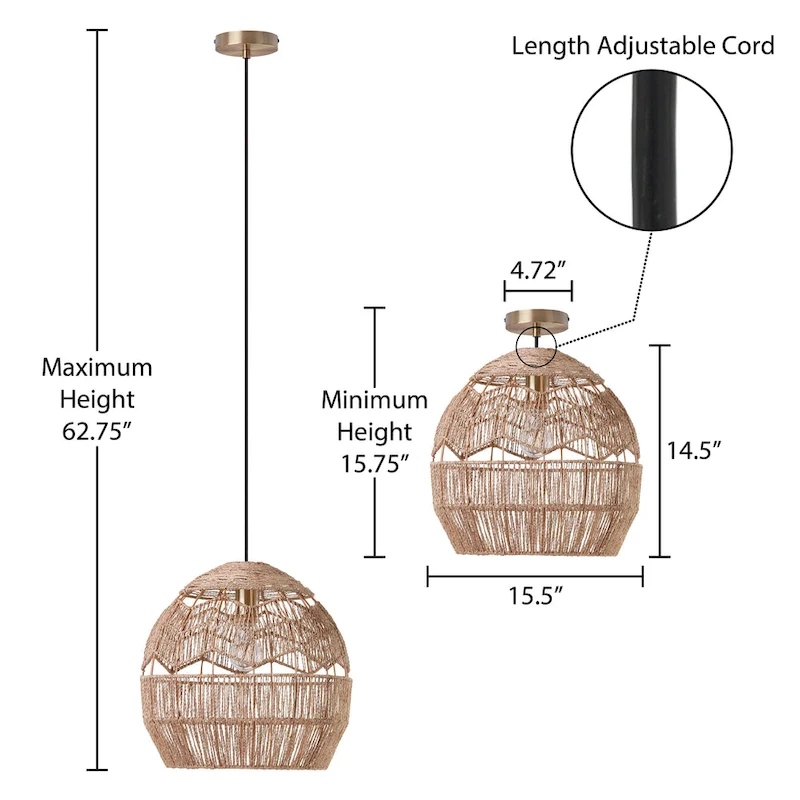 Charlotte River of Goods Metal and Woven Hemp Rope Hanging Pendant Light - 15.5  x 15.5  x 15.75/62.75