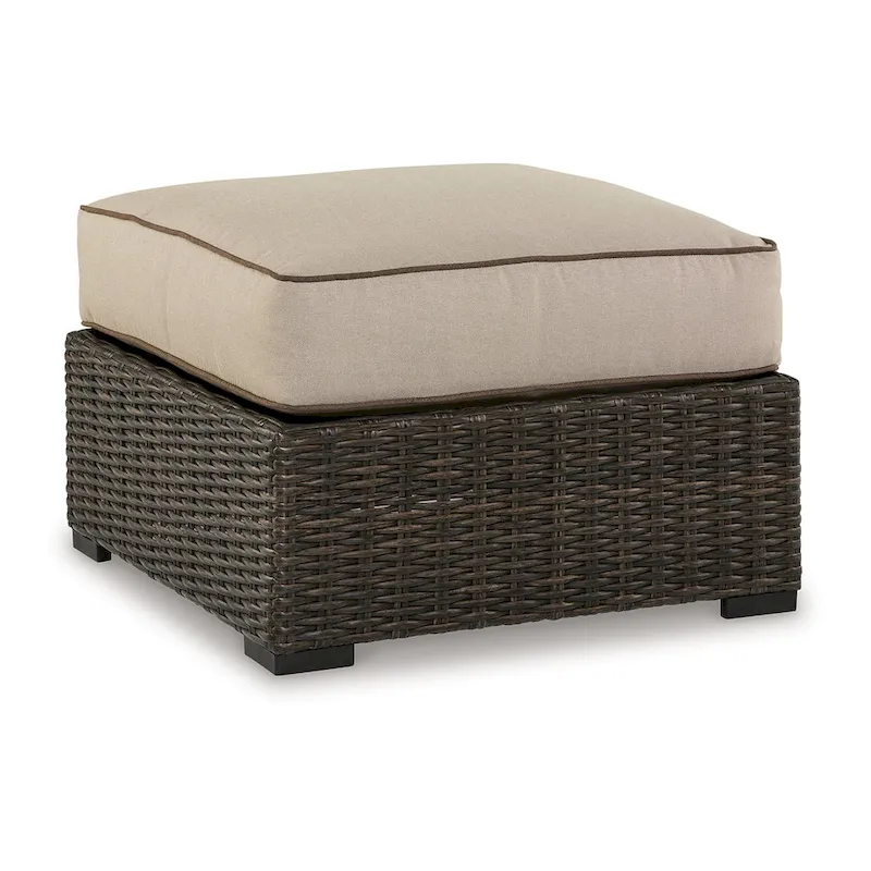 Waga 29 Inch Outdoor Ottoman, Cushioned Seat, Resin Wicker, Brown, Beige
