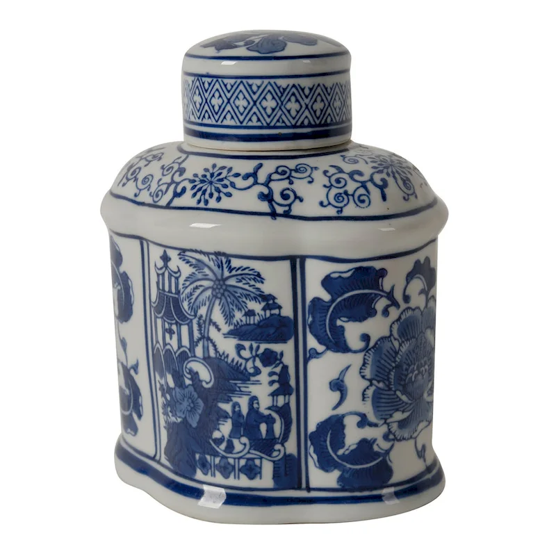 A&B Home Ren Blue and White Oval Jar with Lid