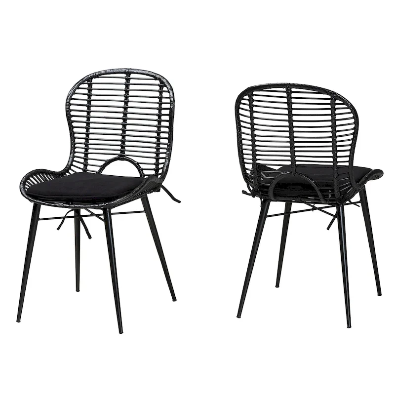Modern Bohemian Rattan and Metal 2-Piece Dining Chair Set