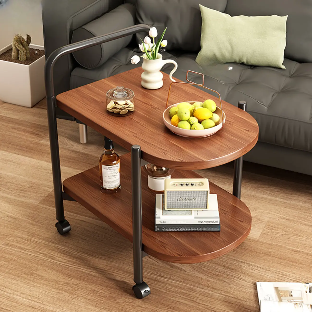 Modern 2-Tier Wood Round Coffee Table with Wheels, Tray