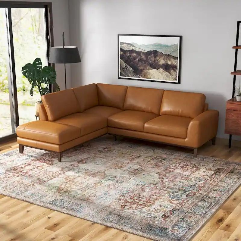 Newport Furnishings Mid-Century Modern Top Grain Leather Corner Sectional Sofa in Tan