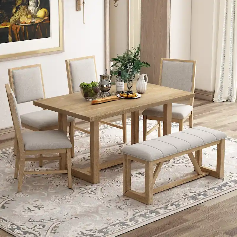 6 Piece Dining Table Chair Set, Wooden Kitchen Furniture Set with Acacia Wood Rectangular Table, 4 Chairs and 1 Bench