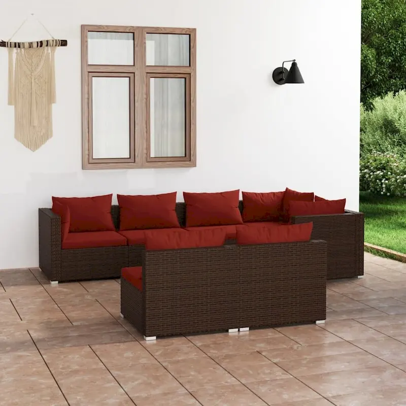 vidaXL Patio Lounge Set with Cushions Brown Poly Rattan - 27.6  x 27.6  x 24  - 27.6  x 27.6  x 24