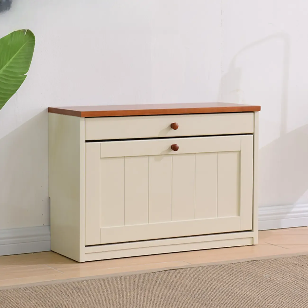 Entryway White/Tawny Wooden Wall-Mounted Shoe Cabinet