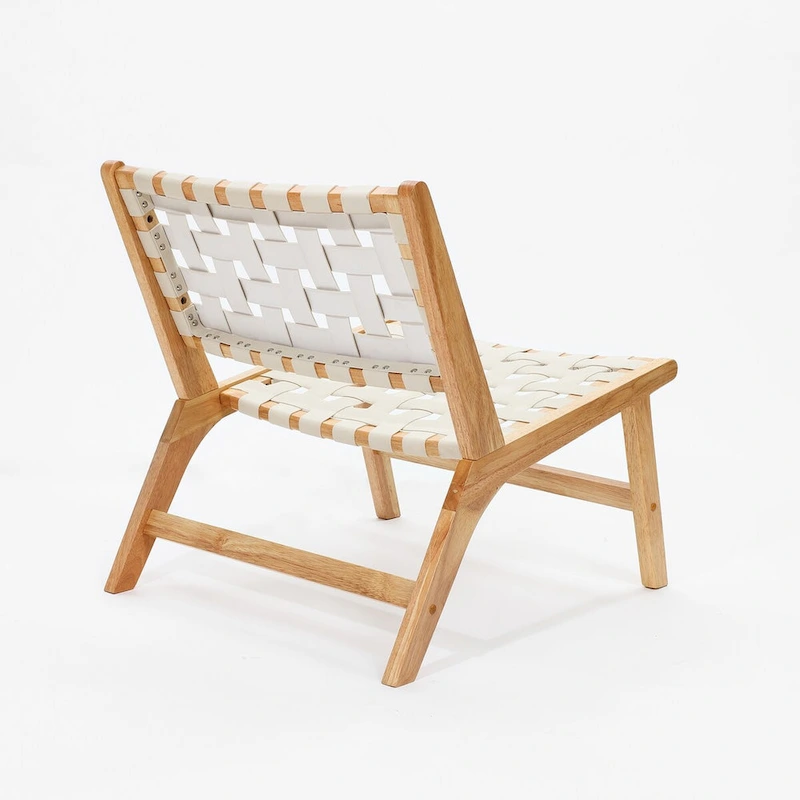 Natural Rubberwood with White PU Leather Low Profile Armless Accent Chair, Set of 2 - 28.5 H x 26.3 W x 26.5 D