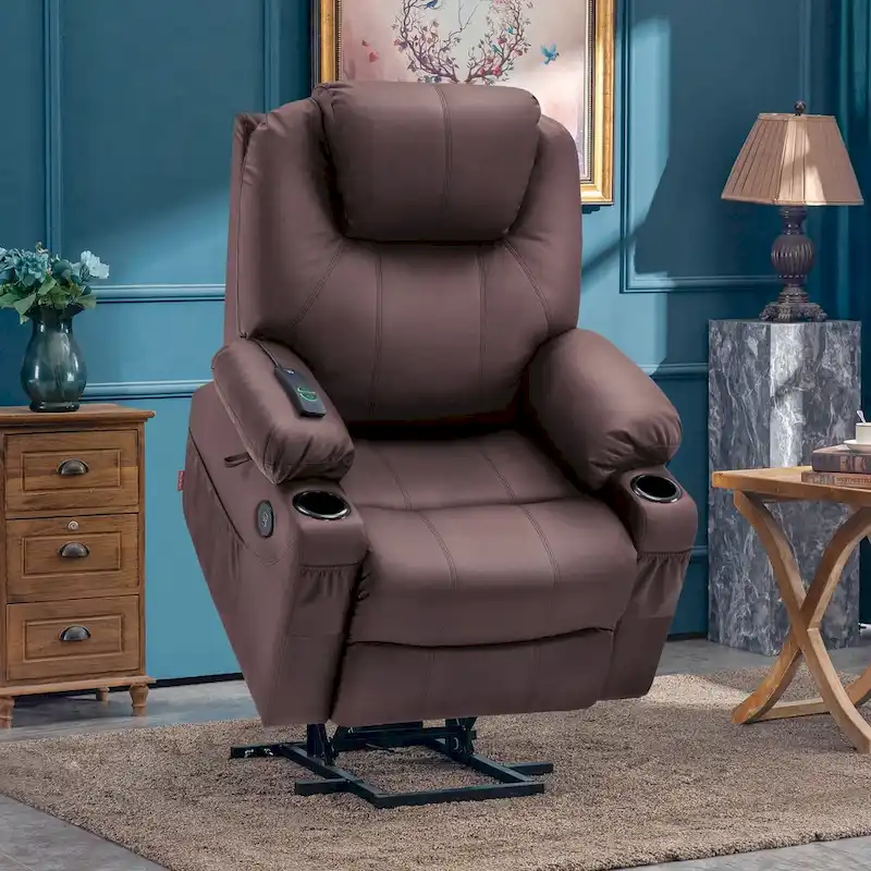 MCombo Large Power Lift Recliner Leather Chair with Massage, Heat, Cup Holders,Extended Footrest, Leather 7516