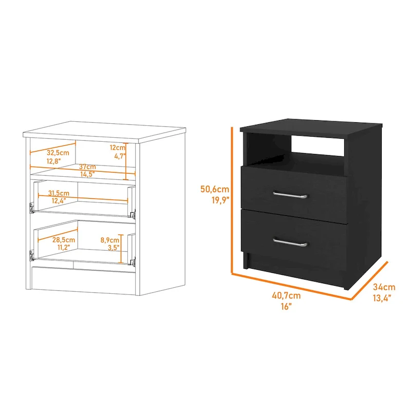 2-Drawer Nightstand with Open Shelf – Black / Dark Brown / Light Oak / White / Light Gray