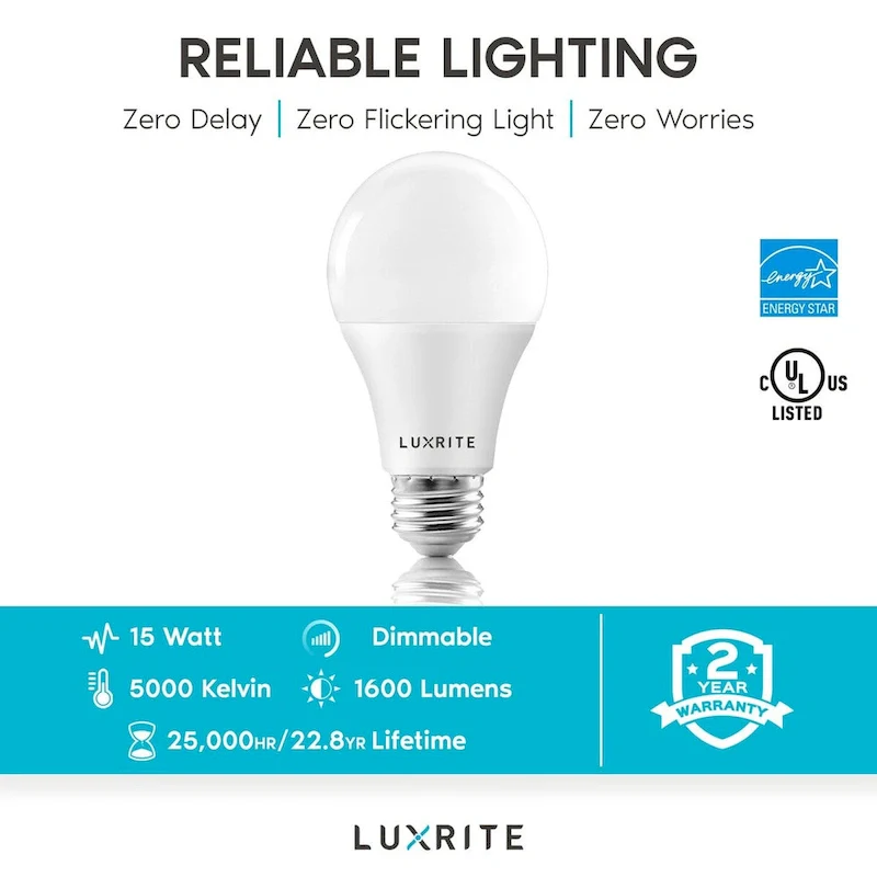 Luxrite A19 LED Light Bulbs 100W Equivalent Dimmable, 1600 Lumens, Enclosed Fixture Rated, Energy Star, E26 Base 16-Pack