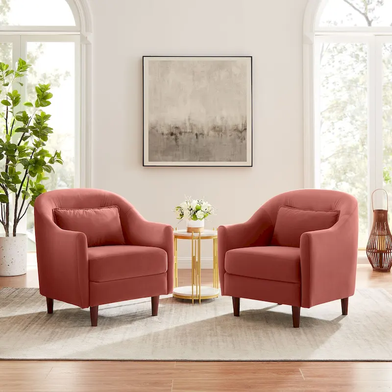 28.34W Set Of 2 Accent Armchair, Velvet Barrel Chair with Solid Wood Legs