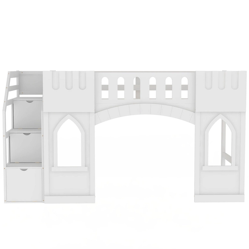 Solid Wood Loft Bed with Storage Staircase and Window