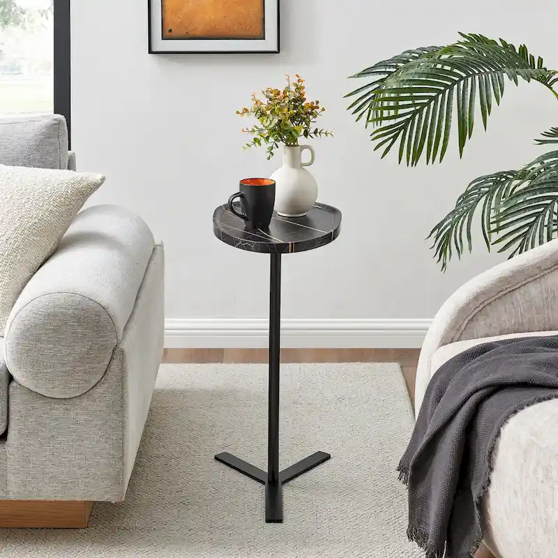 Carter Oval Teardrop Modern Raised Lip Edge Couch-Side Accent C-Table with Crossed Y-Shape Metal Pedestal Leg