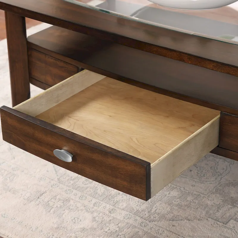 Genoas Traditional Walnut Glass 2-Piece Coffee Table Set with Drawer by Furniture of America