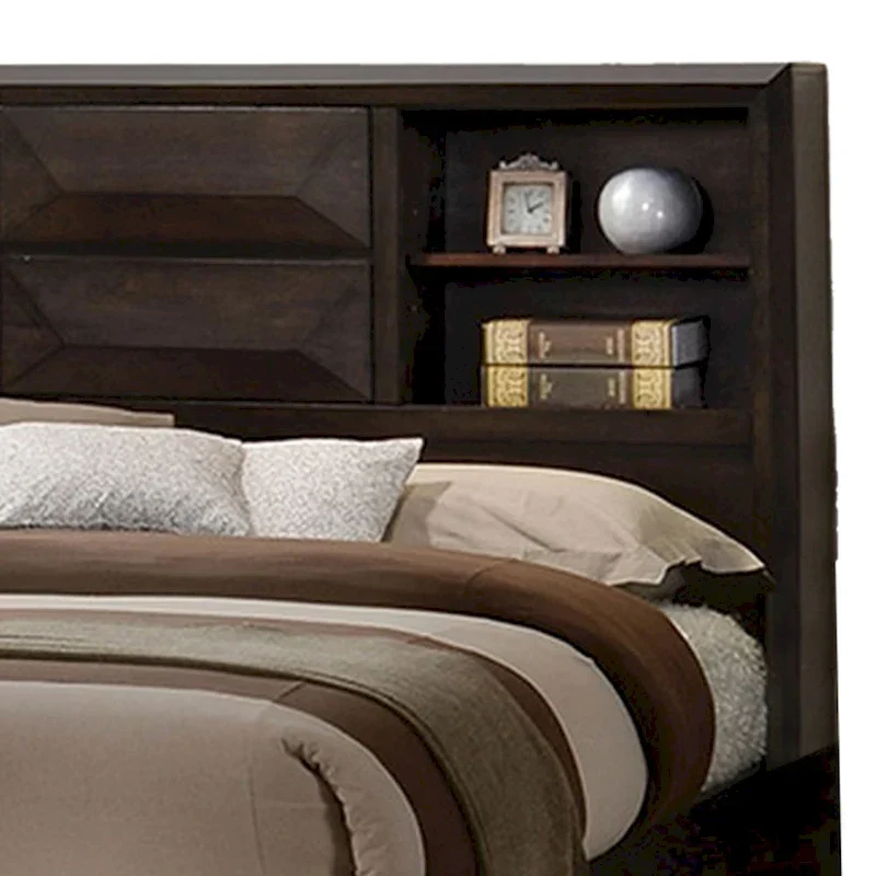 Costa King Size Bed, Bookcase Headboard, 2 Drawers, Dark Brown Solid Wood