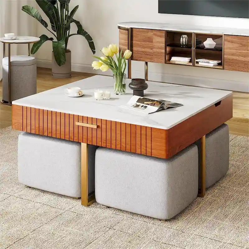 Lift Top Coffee Table with Hidden Storage and 4 Ottomans