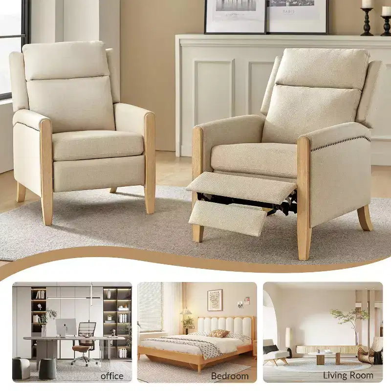 Upholstered Push Back Recliner, Set of 2 — Beige / Blue / Grey / Stripe