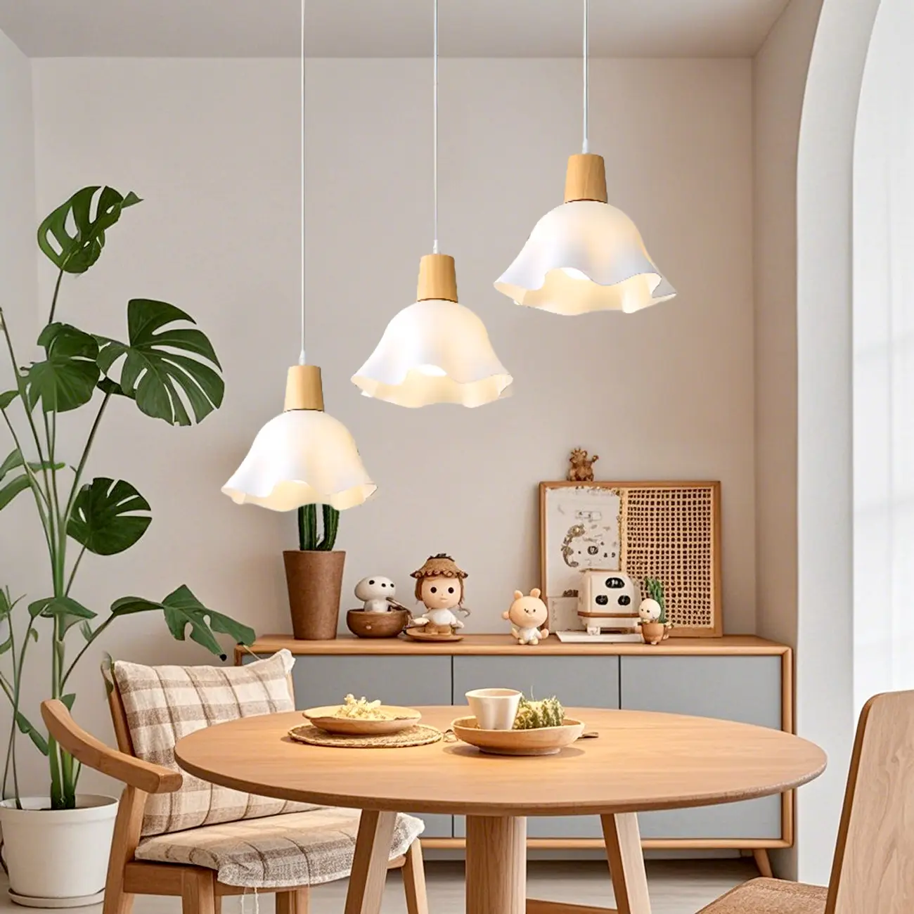 3 Lights Elegant Wooden Island Light with Acrylic Flower Shade