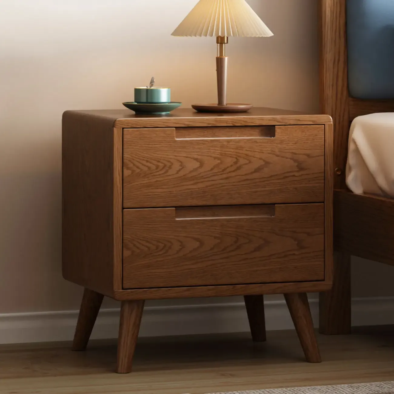 Narrow Solid Wood Bedside 2 Drawers Nightstand in Natural