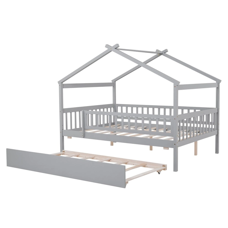 Full Pine House Bed with Twin Trundle, Guardrail