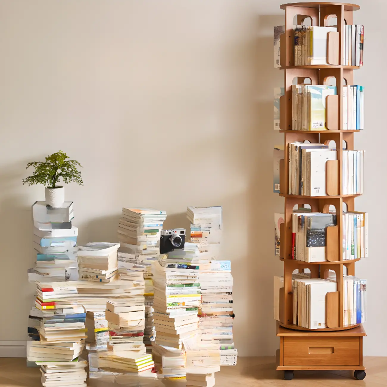 Narrow Rotating Cherry Wood Vertical Bookcase With Drawer