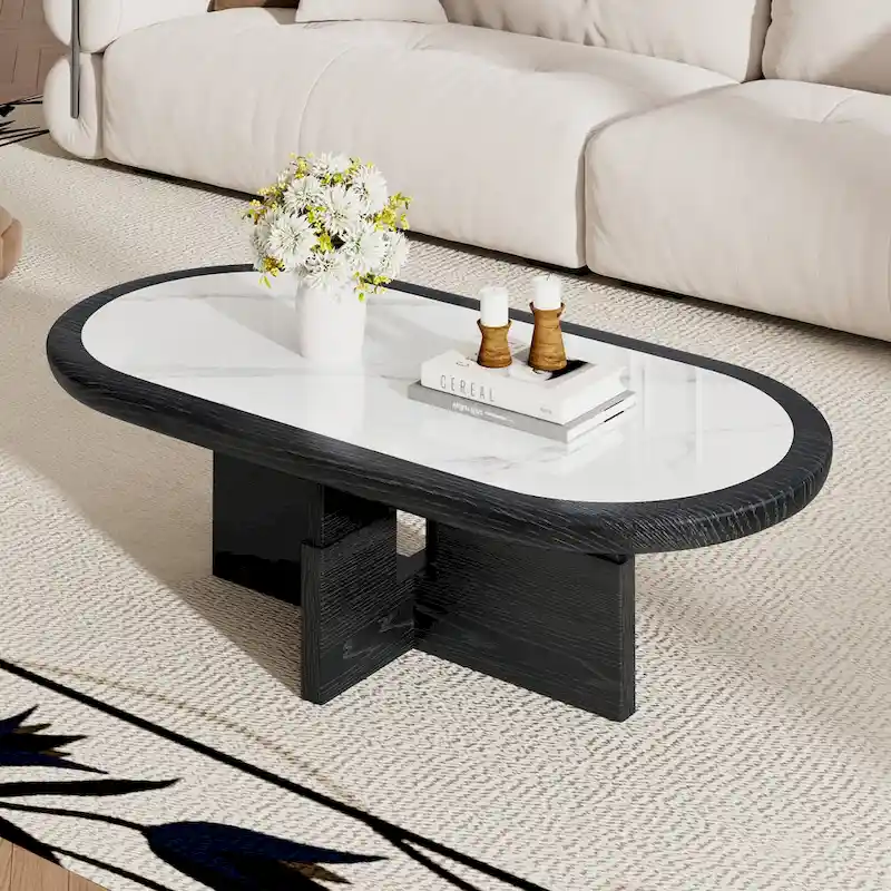 Mid Century 47.24 Oval Coffee Table, Black Solid Wood Veneer with White Glossy Sintered Stone Table top