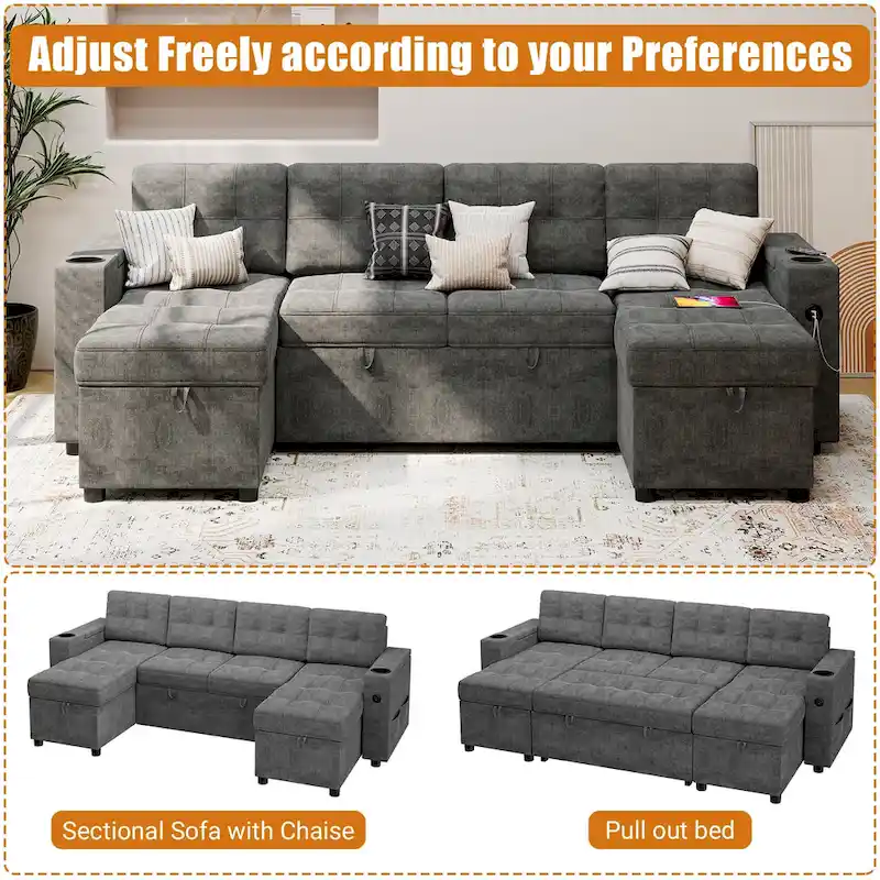 U-Shaped Sectional Sofa with Double Chaise,2 in 1 Pull Out Couch Bed,U-Shaped Sofa Couch Bed,Sleeper Sofa with Pull Out Bed