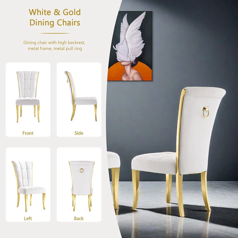 Luxury White Velvet Dining Chairs with Pull Ring on Back and Polished Gold Legs