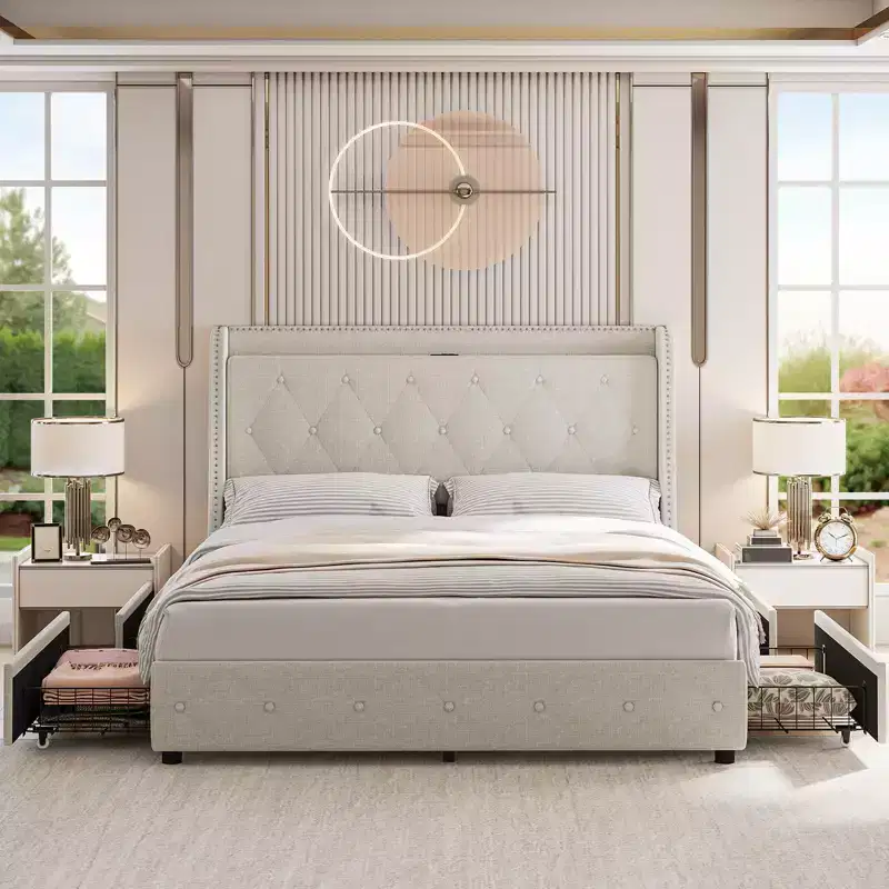 GustoWave Upholstered Bed Frame, with Charging Station & Wingback, 4 Storage Drawers