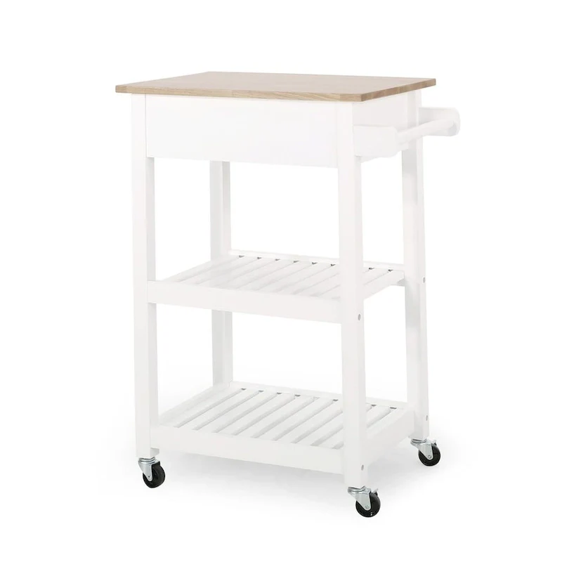Compact Wooden Kitchen Cart with Wheels Shelves and Drawer