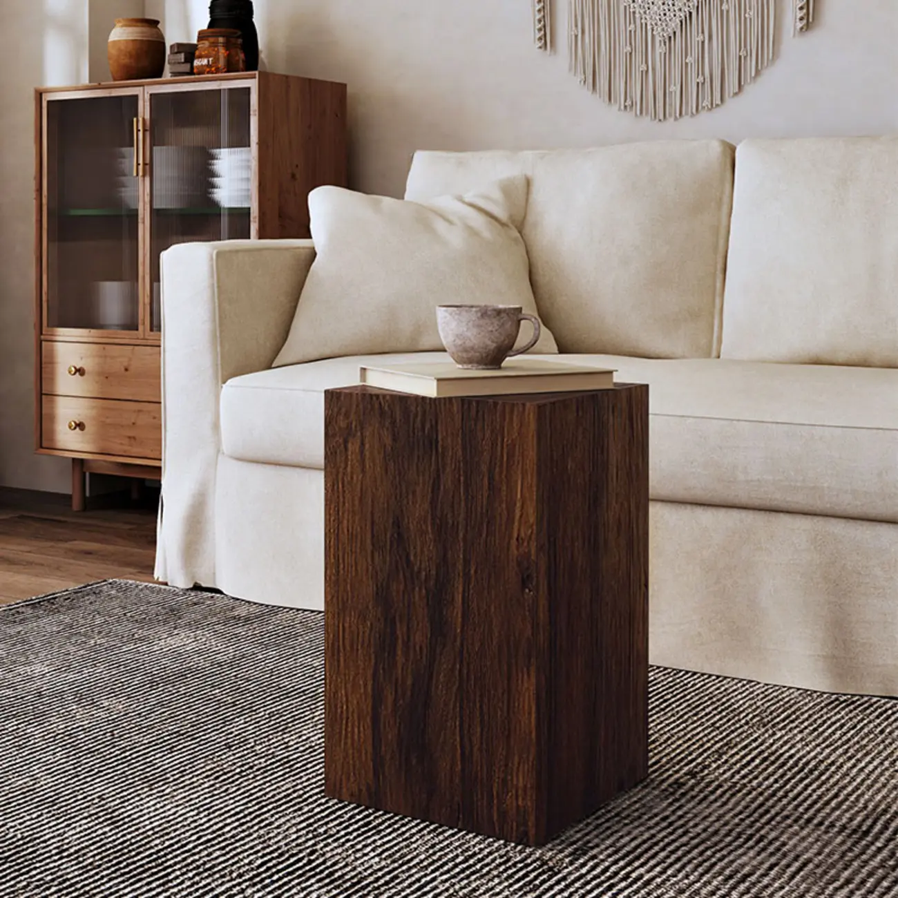 Pillar Rustic Pine Wood Square Accent Side Table