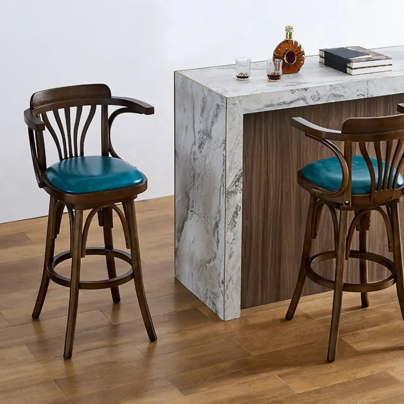 Antique Blue Leather Upholstered Rotatable Bar Stool