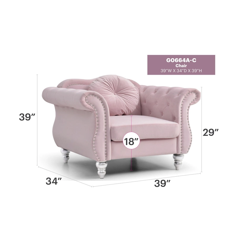 Hollywood Chesterfield Tufted Velvet Accent Chair with Round Throw Pillow - 39L x 35W x 34H