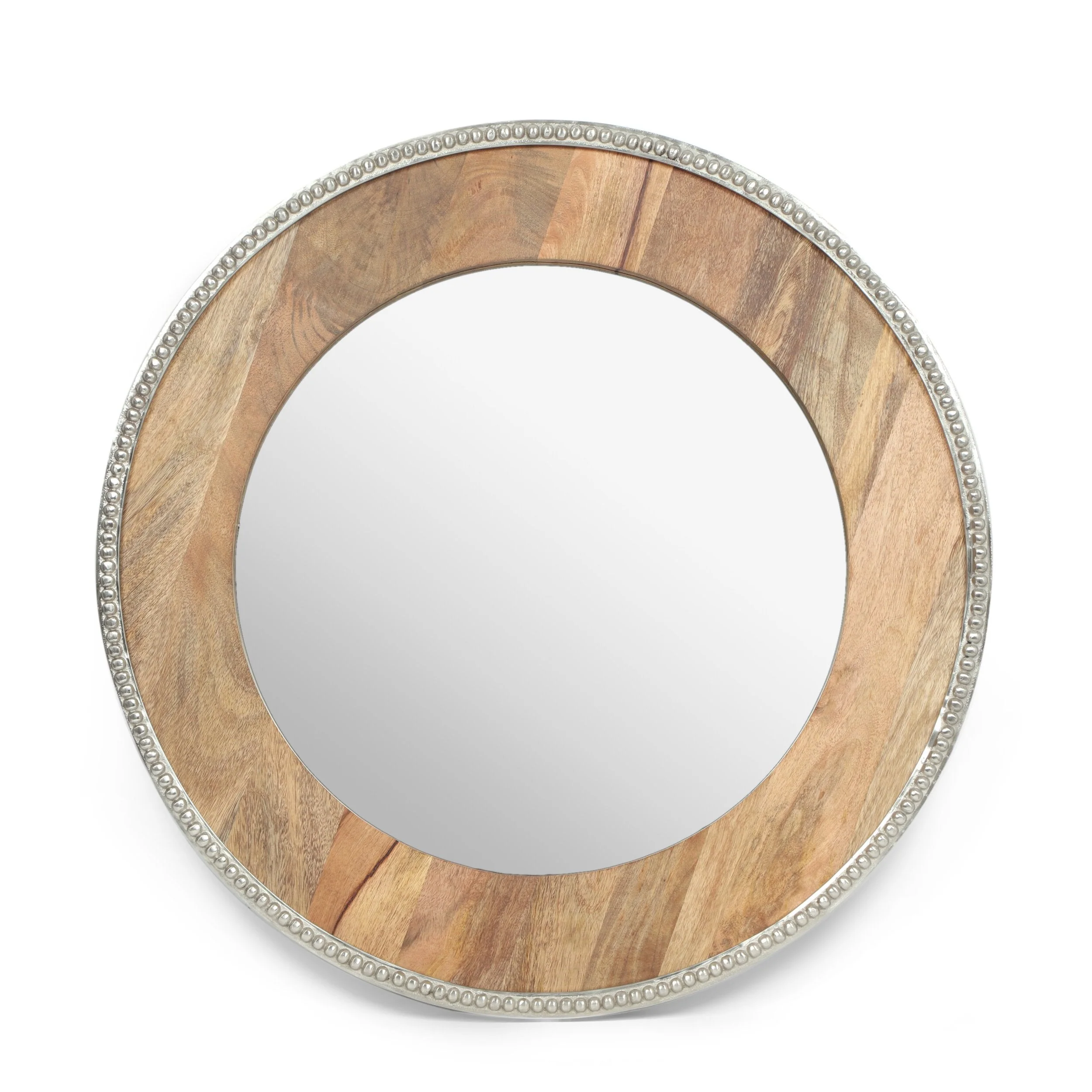 Boho Handcrafted Round Mango Wood Wall Mirror, Natural and Silver - NH684413